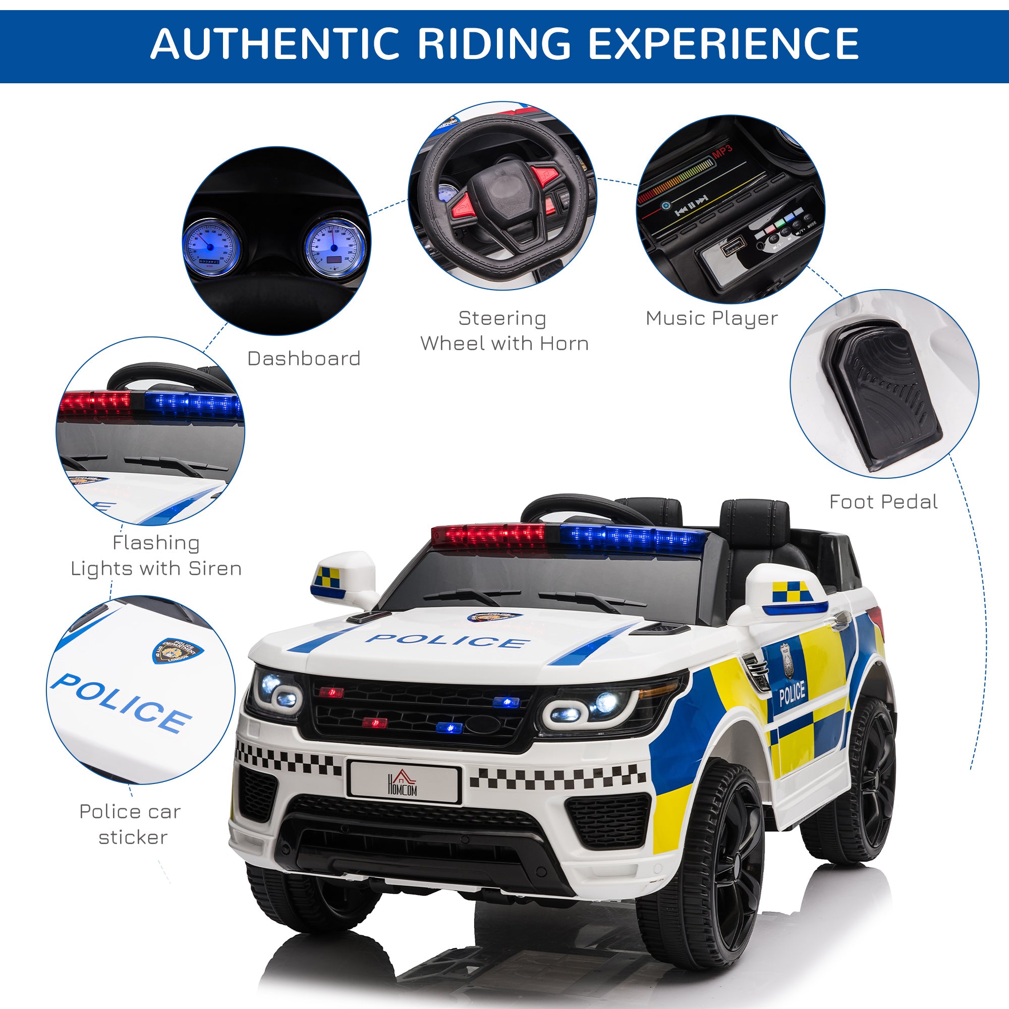 HOMCOM 12V Kids Electric Ride On Police Car 2 Motors with Parental Remote Control Siren Flashing Lights USB Portable for 3-6 Years White 