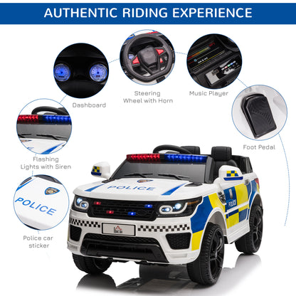 HOMCOM 12V Kids Electric Ride On Police Car 2 Motors with Parental Remote Control Siren Flashing Lights USB Portable for 3-6 Years White 
