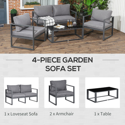 Outsunny 4 Pieces Garden Sofa Set 2 Single Armchair 1 Bench & Side Table Set Aluminium Frame Patio Furniture with Cushions Grey 