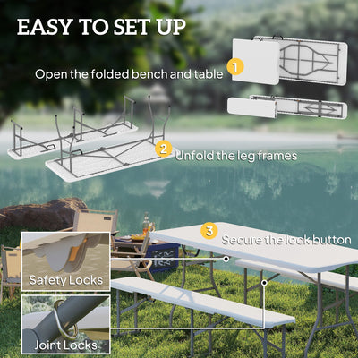 Outsunny 3 Piece 6ft Folding Picnic Table and Bench Set, Portable HDPE Camping Table and Chairs with Carrying Handles for Indoor Outdoor, Dining, Camping, Picnic, BBQ, Party, White 