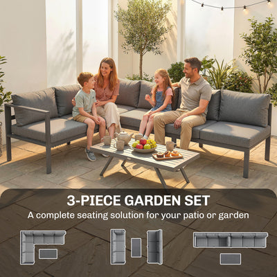 Outsunny 3 Pieces Garden Furniture Set, Aluminium Corner Lounge Set with Adjustable Backrest and Coffee Table 