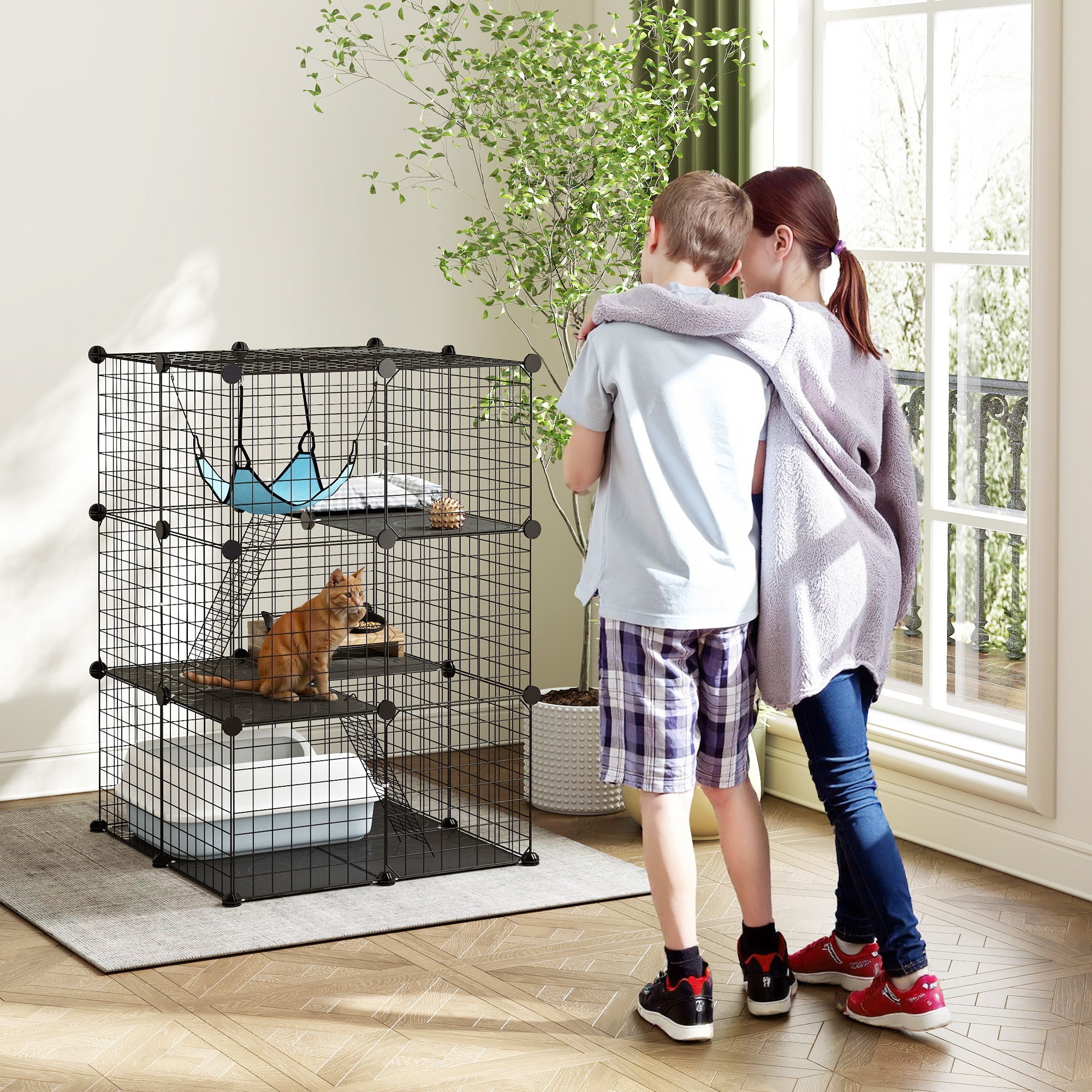 PawHut Indoor Cat Cage DIY Customizable 3-Tier Indoor Cat Enclosure with 3 Doors and Hammock 105 cm Black 