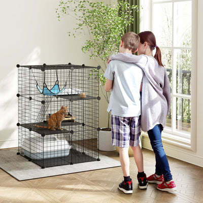 PawHut Indoor Cat Cage DIY Customizable 3-Tier Indoor Cat Enclosure with 3 Doors and Hammock 105 cm Black 