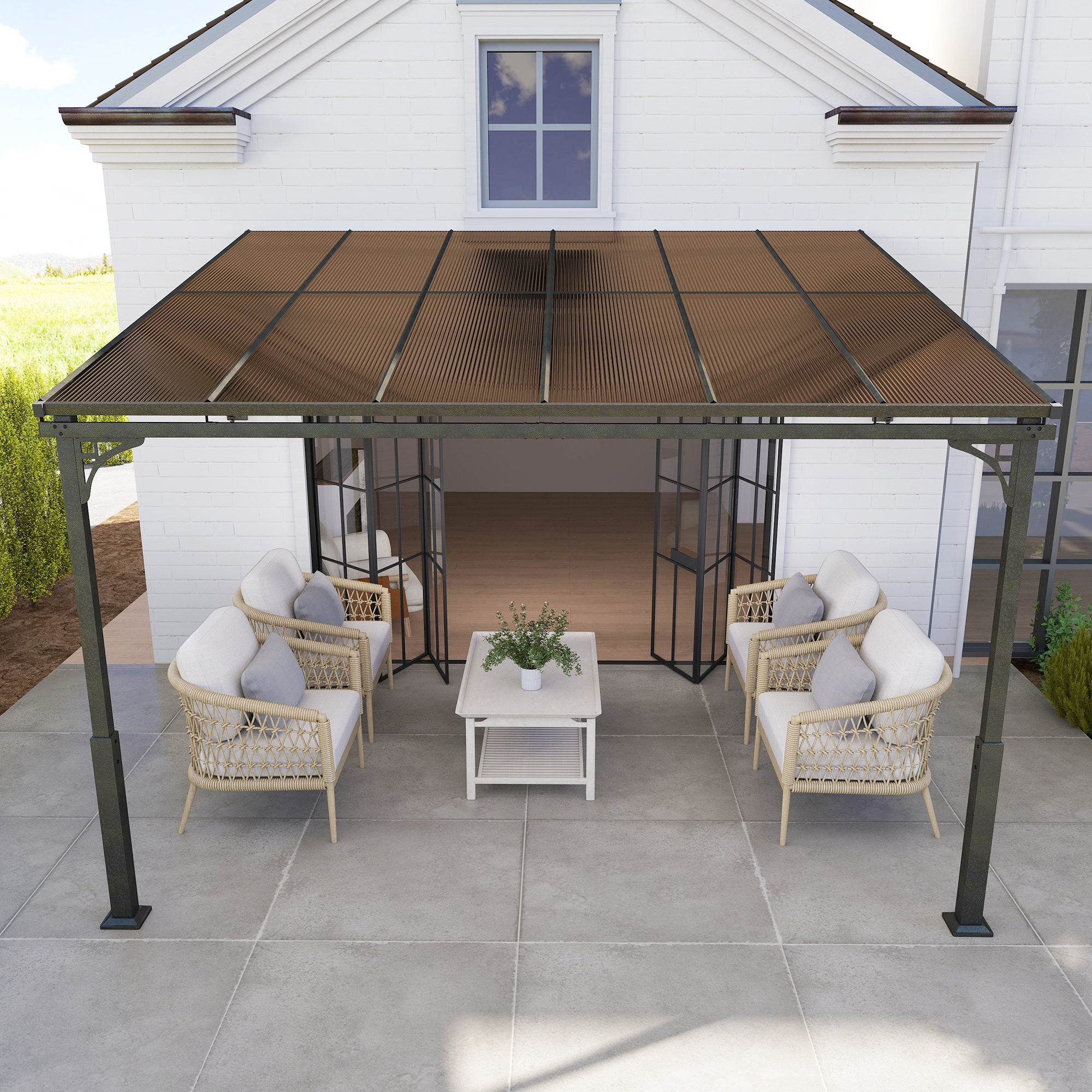 Outsunny 3.4 x 3 m Metal Lean-to Pergola, Wall-Mounted Garden Pergola with Polycarbonate Roof and Metal-Aluminium Frame, Heavy Duty Hardtop Gazebo for Outdoor Patios, BBQ, Brown 