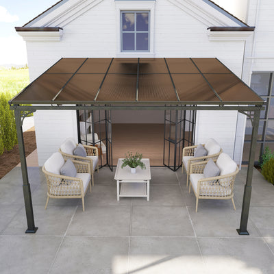 Outsunny 3.4 x 3 m Metal Lean-to Pergola, Wall-Mounted Garden Pergola with Polycarbonate Roof and Metal-Aluminium Frame, Heavy Duty Hardtop Gazebo for Outdoor Patios, BBQ, Brown 