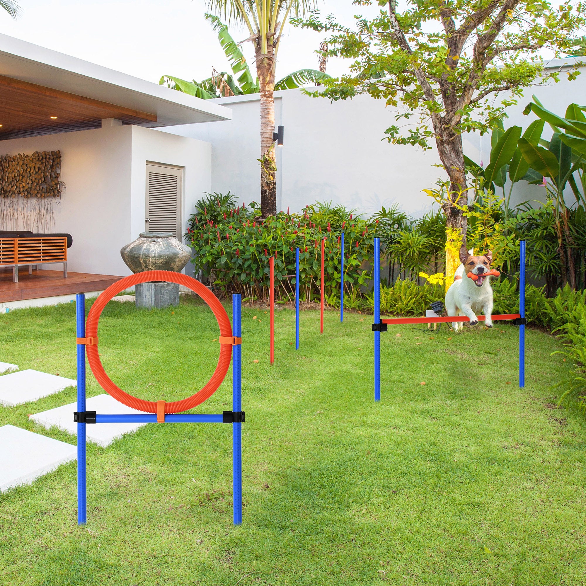PawHut Pet Agility Training Equipment Dog Play Run Jump Obedience Training Set Adjustable (Pole + Hoop + Hurdle) 