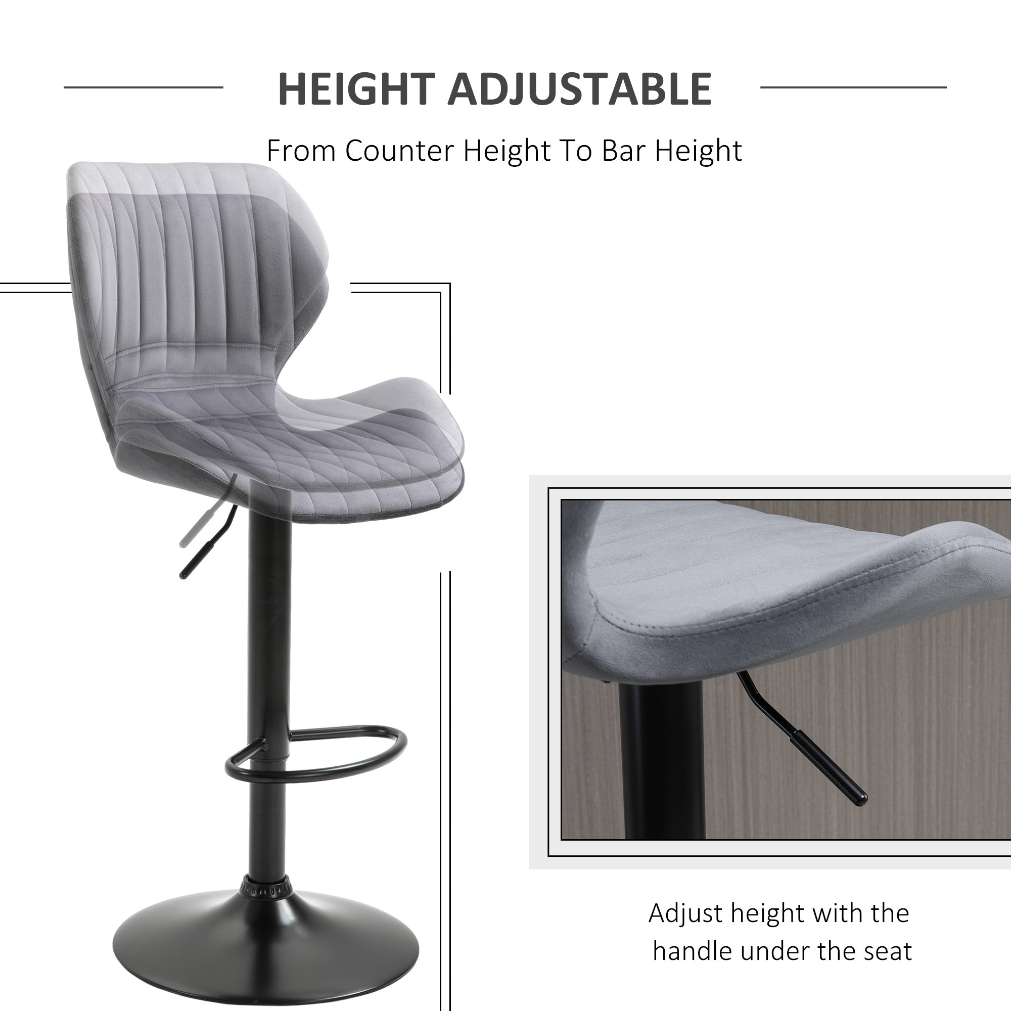 HOMCOM Bar Stool Set of 2 Velvet-Touch Fabric Adjustable Height Swivel Counter Chairs with Footrest, Grey 