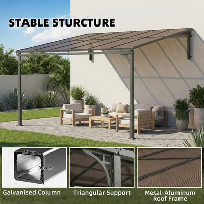 Outsunny 3.4 x 3 m Metal Lean-to Pergola, Wall-Mounted Garden Pergola with Polycarbonate Roof and Metal-Aluminium Frame, Heavy Duty Hardtop Gazebo for Outdoor Patios, BBQ, Brown 