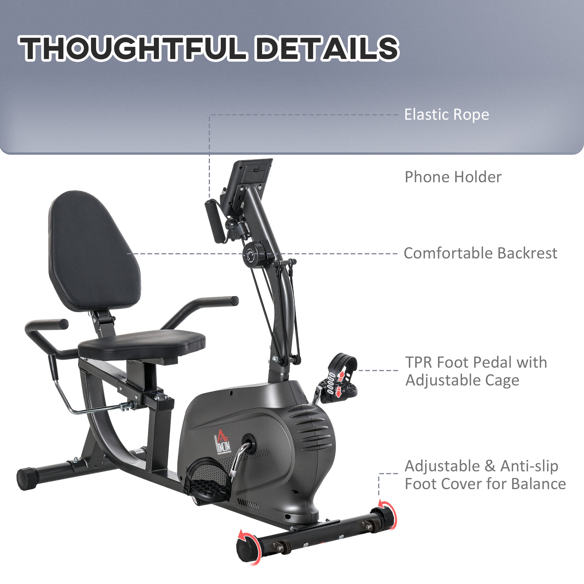 HOMCOM Recumbent Exercise Bike Recovery Exerciser, 8-Level Magnetic Resistance Stationary Bike with Pad Holder, LCD Monitor, for Indoor Cardio Workout, Black 