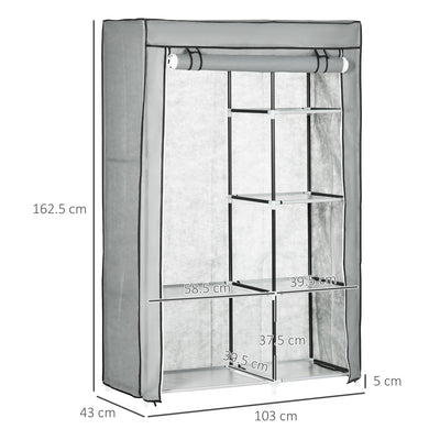 HOMCOM Fabric Wardrobe, Portable Wardrobe with 6 Shelves, 1 Hanging Rail, Foldable Closets, 103 x 43 x 162.5 cm, Light Grey 