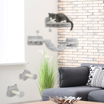 PawHut 4-Piece Cat Wall Shelves with Steps, Ladder, Jumping Platforms, Light Grey 