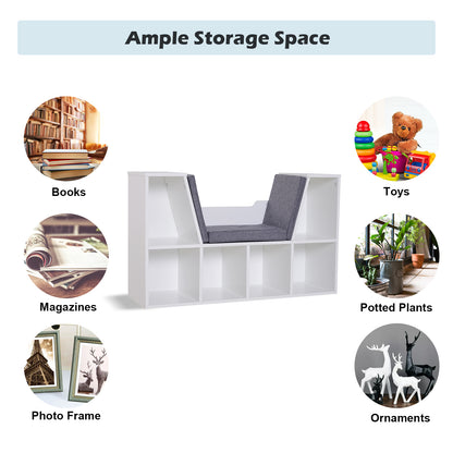HOMCOM Bookcase Storage Shelf with Cushioned Reading Seat, Cube Bookshelf Organizer for Bedroom Living Room, White 