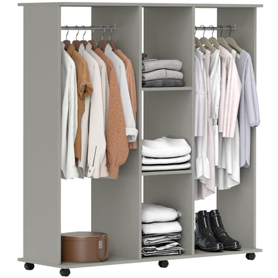 HOMCOM Open Wardrobe Double Mobile Storage Shelves Organizer W/6 Wheels-Grey 