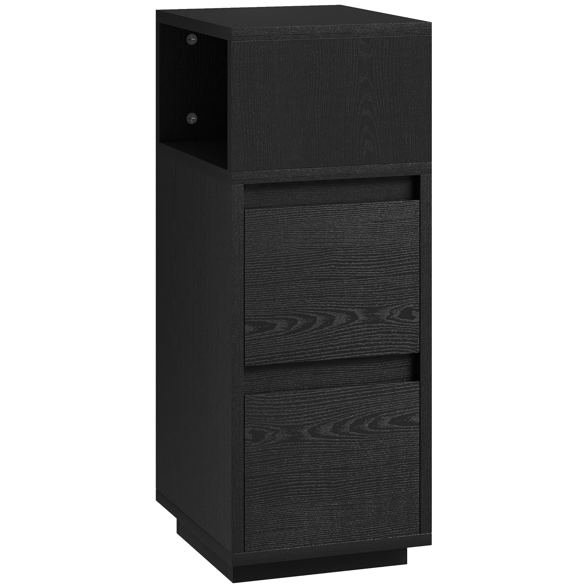 HOMCOM Slim Bedside Table, Narrow Bedside Cabinet with Open Shelf and 2 Drawers for Bedroom, Living Room, Black 