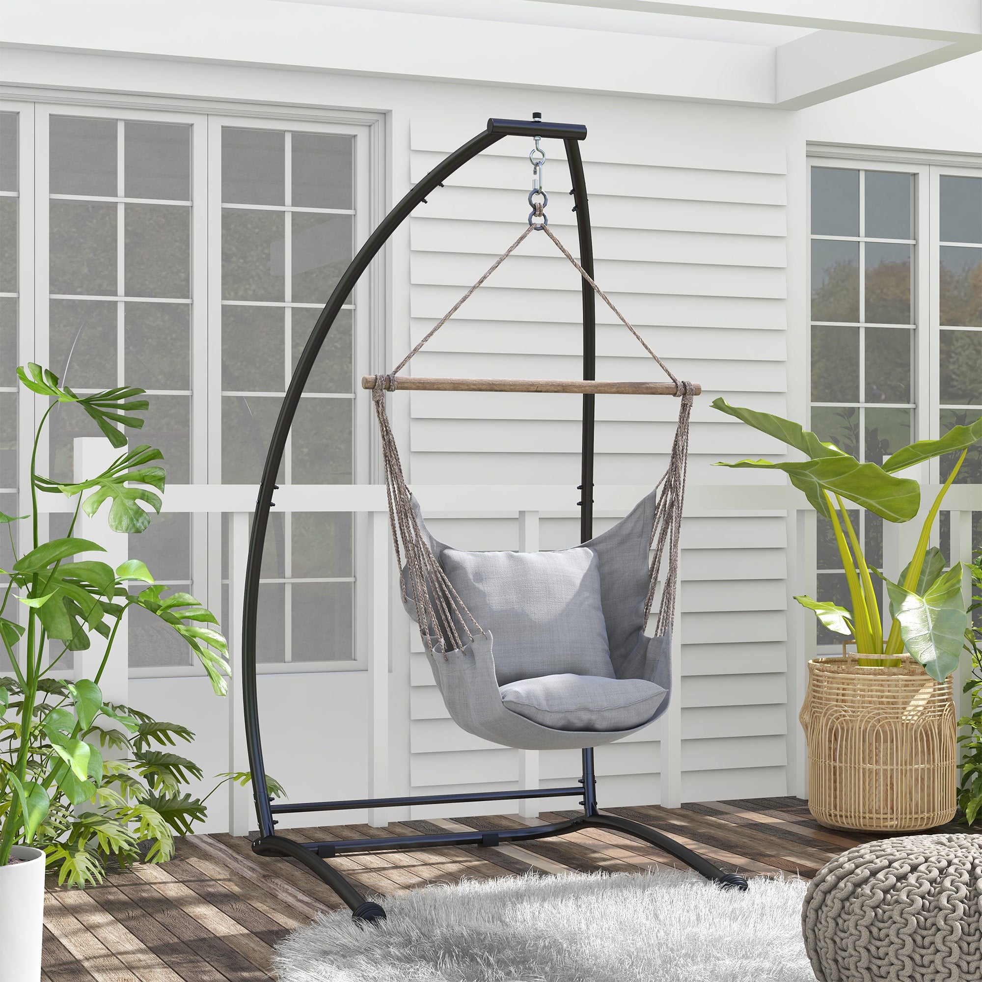 Outsunny Hammock Chair Stand, C Shape Hanging Heavy Duty Metal Frame Hammock Stand for Hanging Hammock Air Porch Swing Chair, Indoor & Outdoor Use, Black 