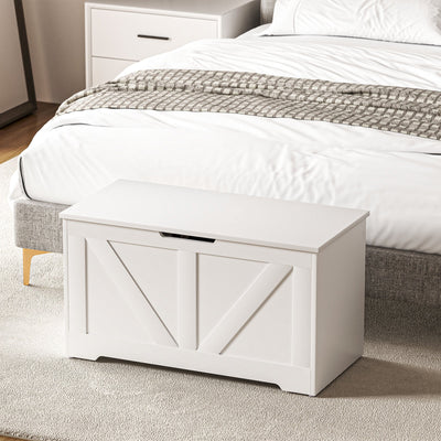 HOMCOM 100L Home Storage Box, with Safety Hinges - White Wood-Effect 