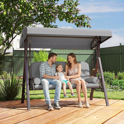 Outsunny 3 Seater Canopy Swing Chair, Outdoor Garden Swing Seat with Adjustable Canopy, Cushions and Cup Trays, Steel Frame, Light Grey 