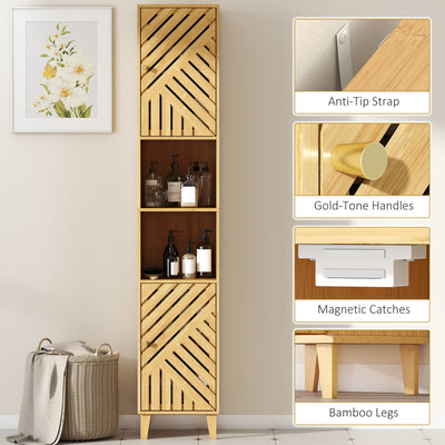 HOMCOM Multi-Storage Bamboo Door Bathroom Cabinet - Natural Finish 
