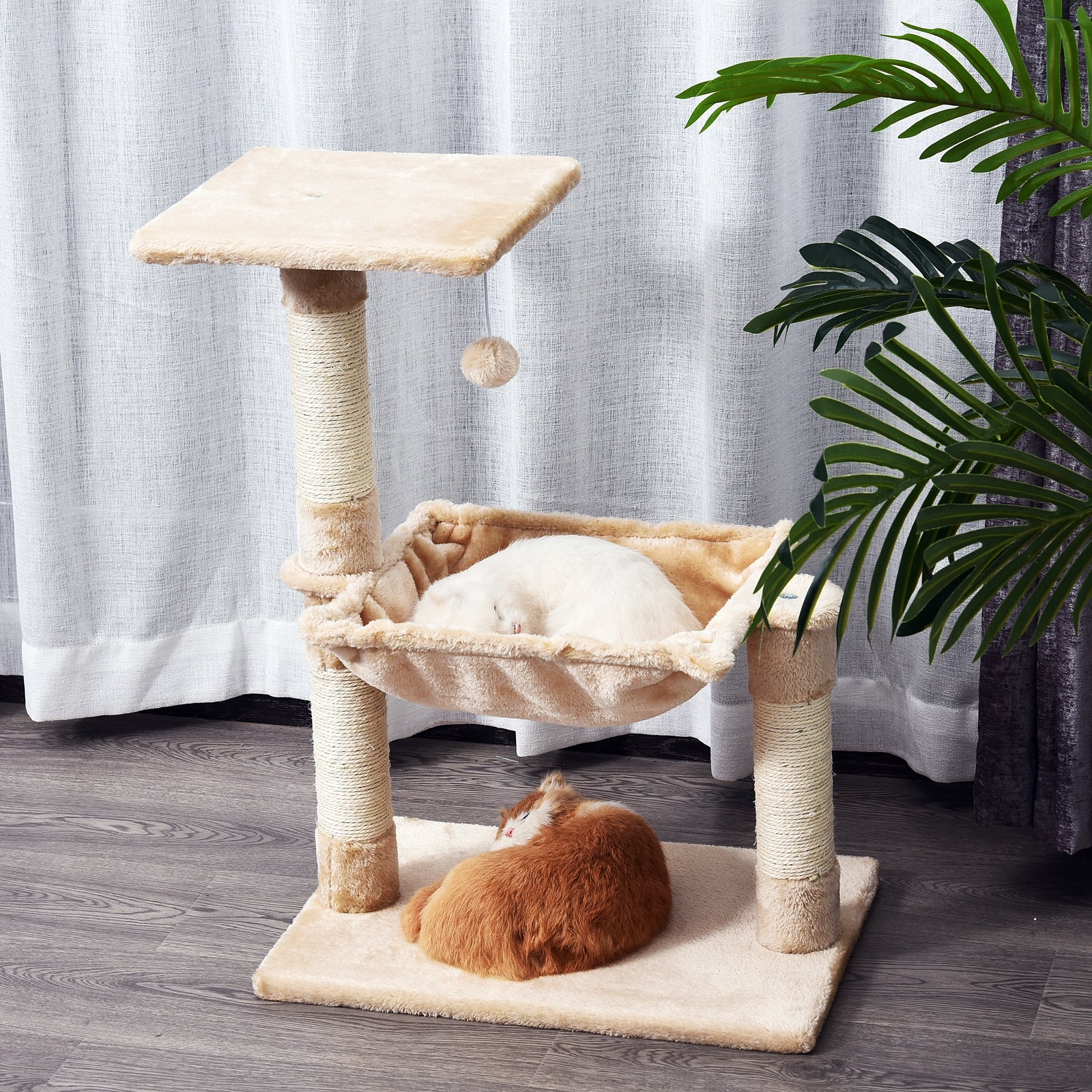 PawHut Cat Scratch Post with Bed Cat Tree for Indoor Cats Sisal Scratching Posts Hammock Kitty Activity Centre Beige 