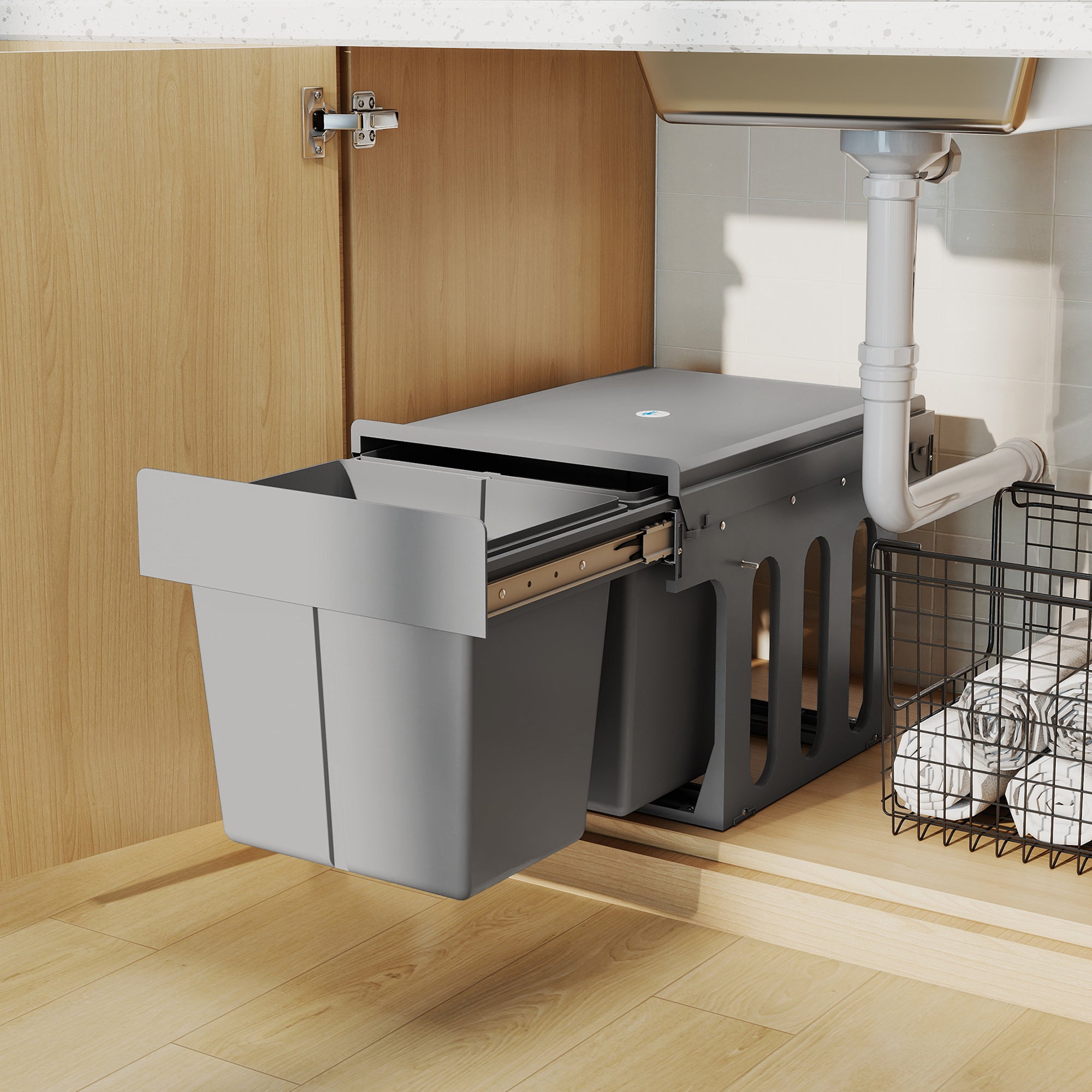 HOMCOM Pull Out Bin, Under Sink Bin - 2 Removable Compartments (15L Each) for 400mm Cabinets, Light Grey 