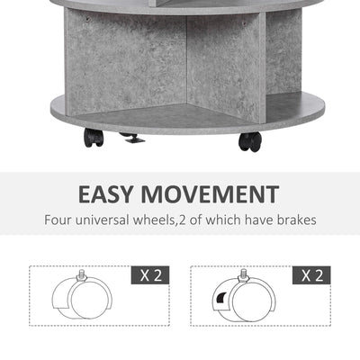 HOMCOM Round Coffee Table with Wheels, 3-Tier Rolling Side Table for Living Room with Divided Shelves, Cement Colour 