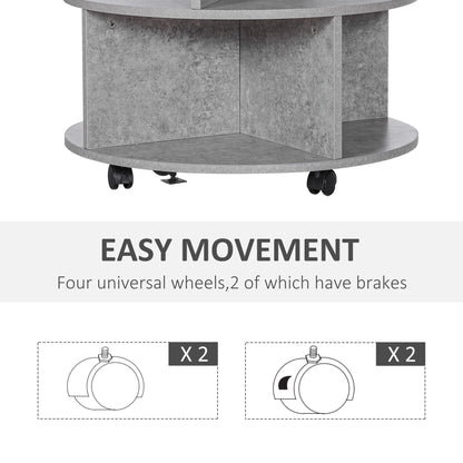 HOMCOM Round Coffee Table with Wheels, 3-Tier Rolling Side Table for Living Room with Divided Shelves, Cement Colour 