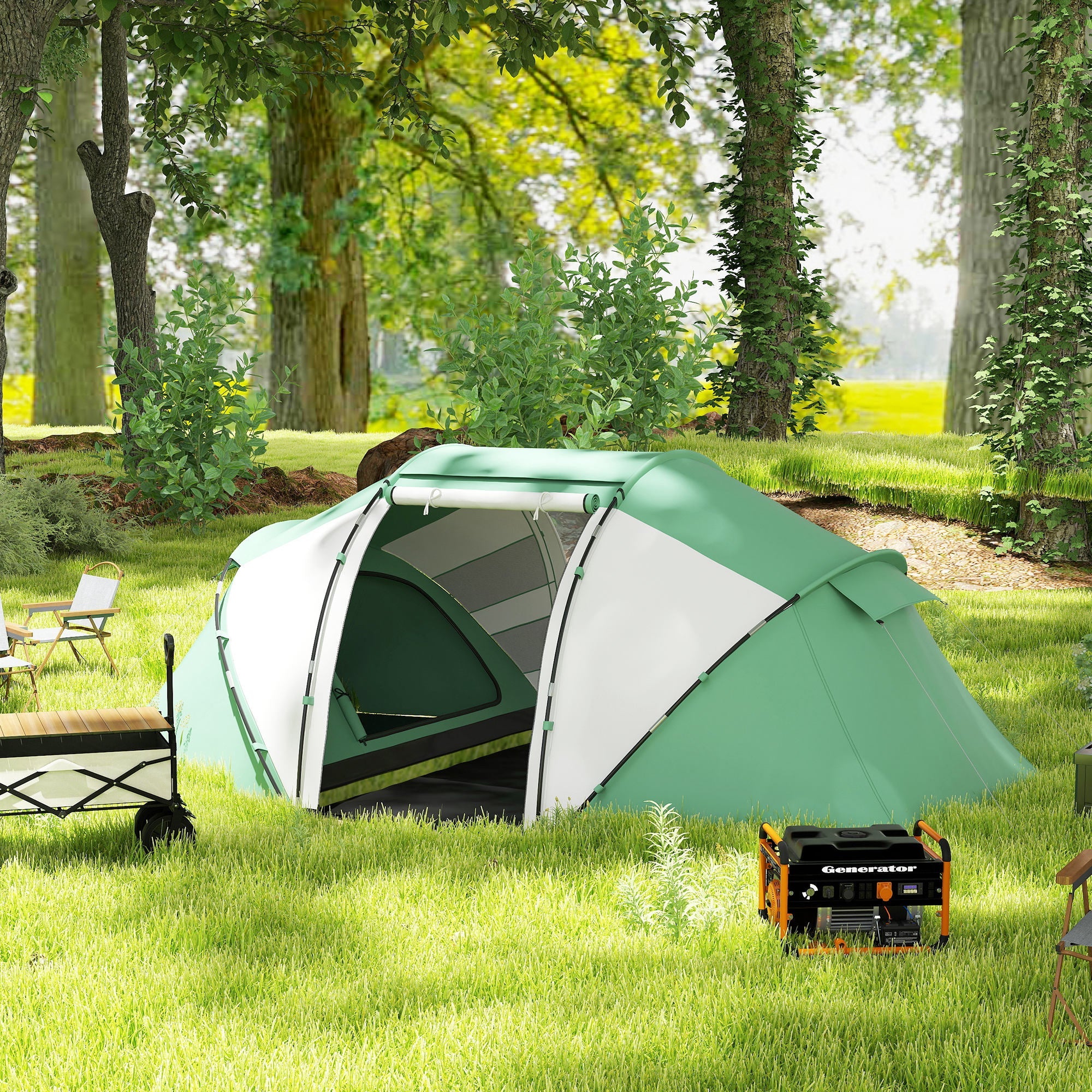 Outsunny 4-6 Man UV Protection Camping Tent - Green and White 