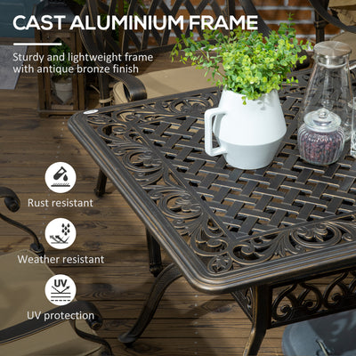 Outsunny 7 PCs Garden Patio Dining Set with Parasol Hole, Cast Aluminium Outdoor Furniture Set with Six Cushioned Chairs and Rectangle Dining Table, for Garden, Lawn, Deck, Bronze Tone 
