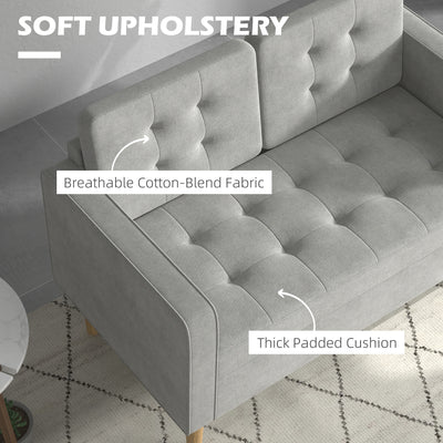HOMCOM Modern 2 Seater Sofa with Hidden Storage, 117cm Tufted Cotton Couch with Wood Legs, Compact Loveseat for Living Room, Kitchen, Light Grey 