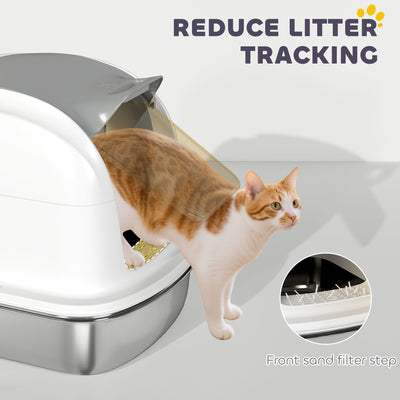 PawHut Stainless Steel Cat Litter Box with Lid, for Cats, Enclosed Cat Litter Box with Flip Cover, Scoop 