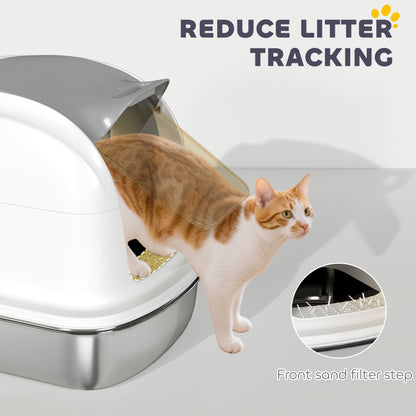 PawHut Stainless Steel Cat Litter Box with Lid, for Cats, Enclosed Cat Litter Box with Flip Cover, Scoop