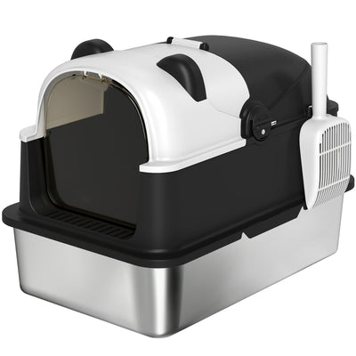 PawHut Panda Style XL Stainless Steel Cat Litter Box with Lid, Enclosed Kitty Litter Box with Scoop, 60 x 40 x 45 cm 