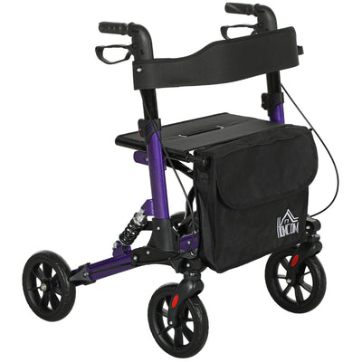 HOMCOM Folding Rollator Walker with Seat, Backrest, Lightweight Walking Frame with Storage Bag, Dual Brakes, Adjustable Handle Height, Suspension System, 4 Wheeled Walker for Seniors, Purple 