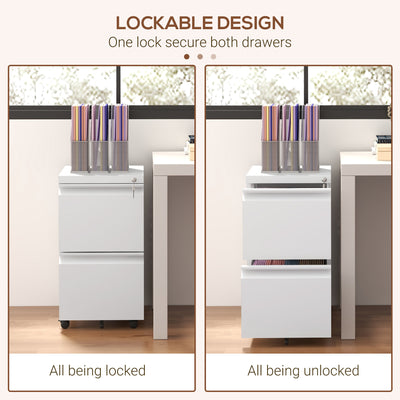 Vinsetto 2-Drawer Mobile Filing Cabinet, Steel Lockable File Cabinet for Letter, A4 and Legal Size, Pre-Assembled Body, White 