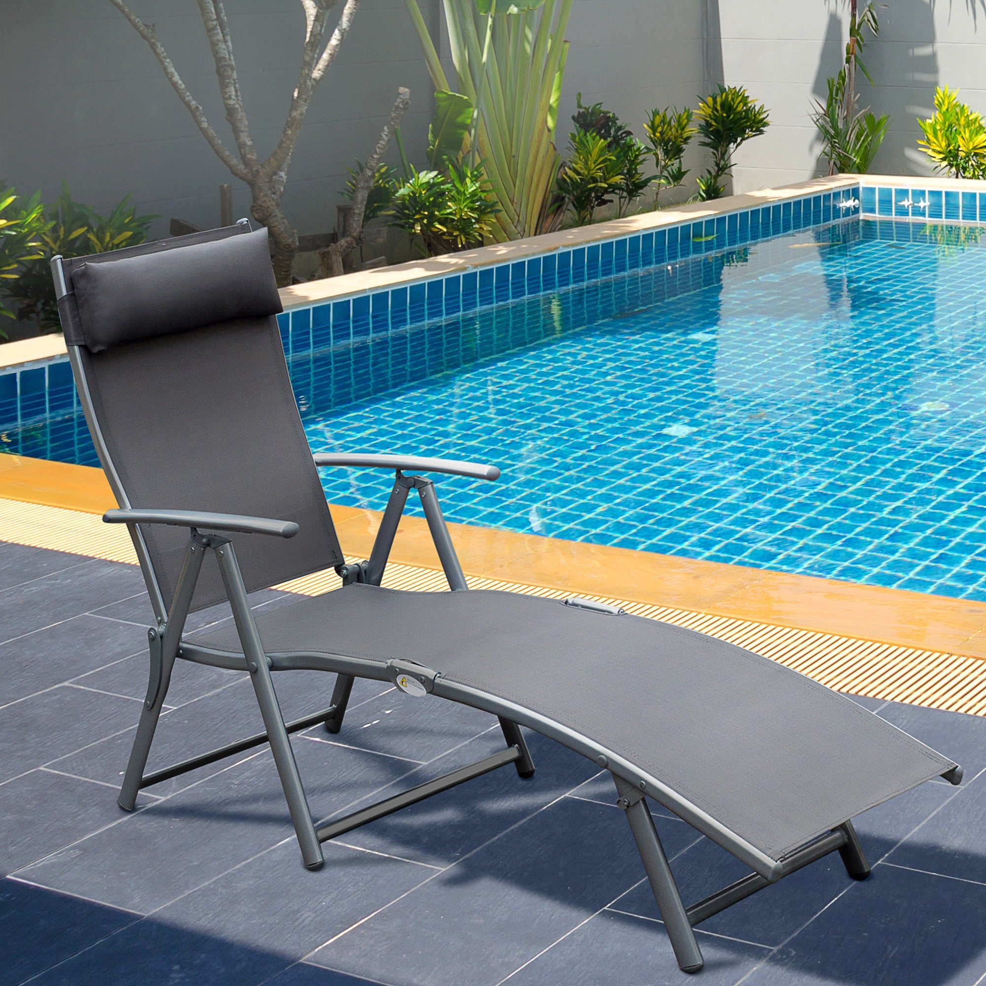 Outsunny Sun Lounger Steel Frame Outdoor Folding Chaise Texteline Lounge Chair Recliner with Headrest & 7 Levels Adjustable Backrest, Grey 