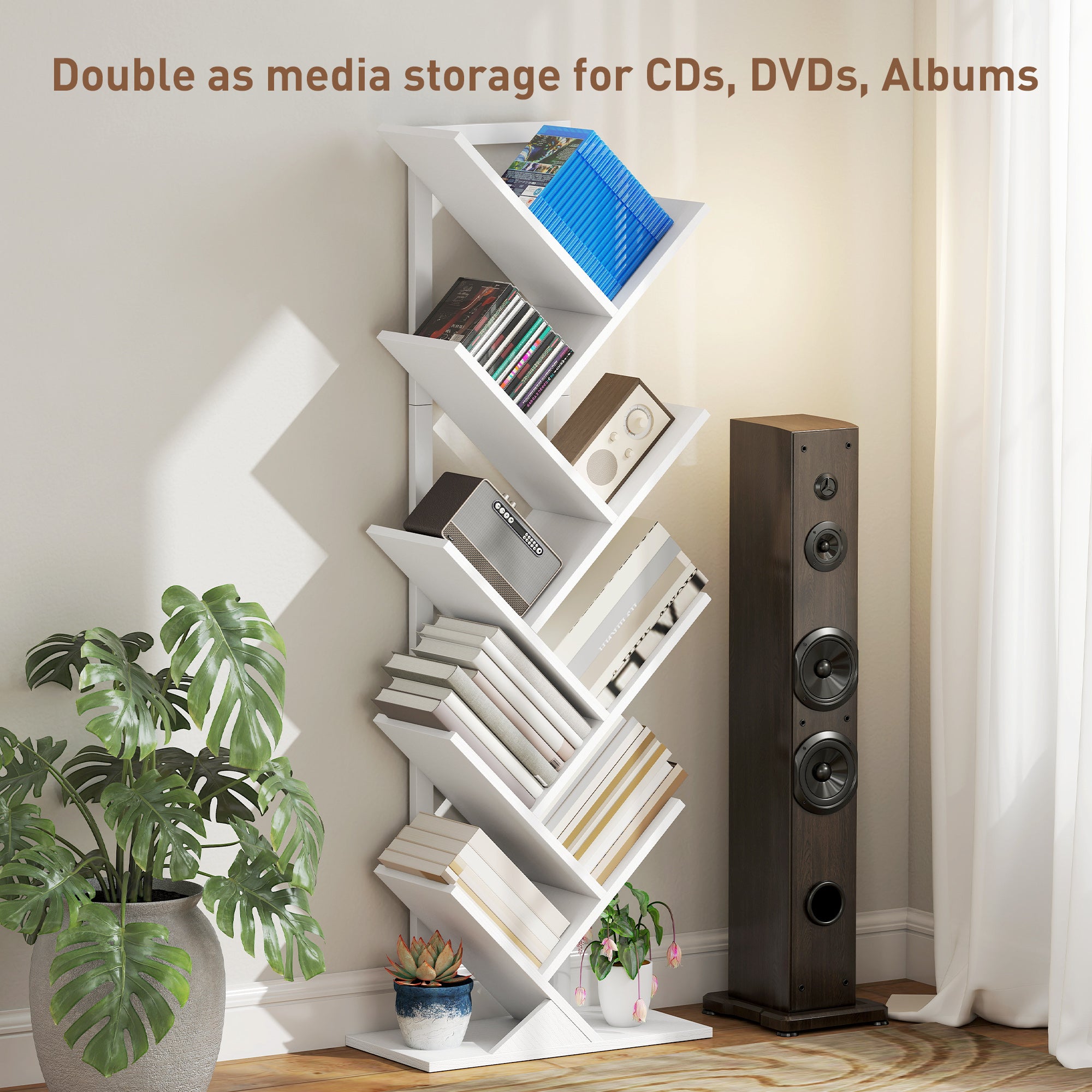 HOMCOM 9-Tier Tree Bookshelf, Industrial Free Standing Bookcase with Steel Frame, Display Storage White 