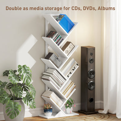 HOMCOM 9-Tier Tree Bookshelf, Industrial Free Standing Bookcase with Steel Frame, Display Storage White 