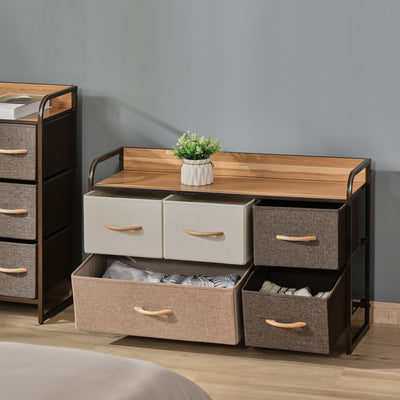 HOMCOM 5-Drawer Dresser, Linen Fabric Chest of Drawers, Dresser Tower Unit for Bedroom Hallway Entryway, Storage Organizer with Steel Frame Wooden Top 