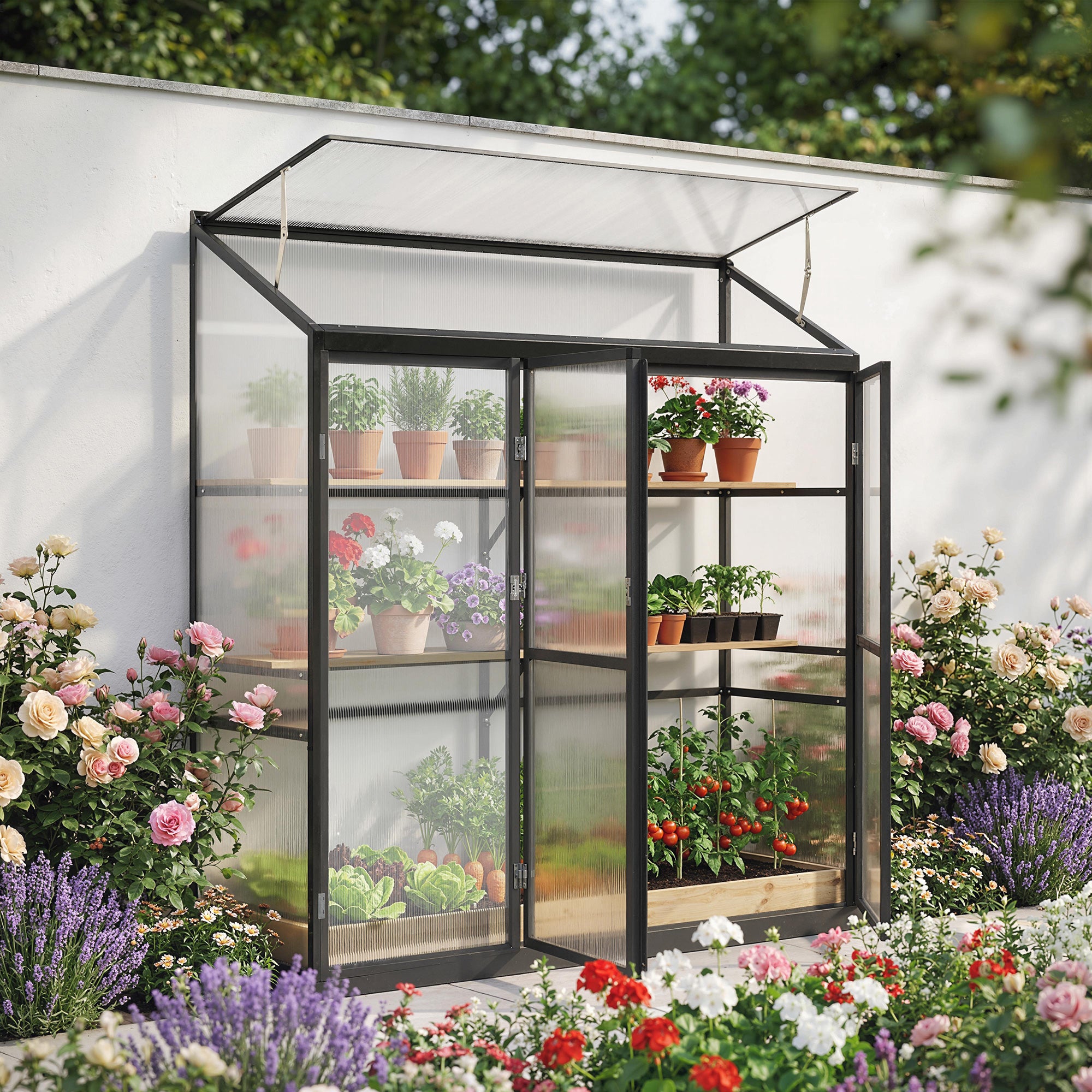 Outsunny Polycarbonate Greenhouse with 3 Hinged Doors, Top Vent, Lean-to Green House, Walk-in Greenhouse, 6 x 1.5ft, Black 