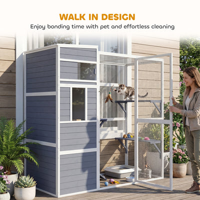 PawHut 4-Tier Wooden Catio Cat Outdoor Enclosure with Sun Roof, Resting Rooms, 3 Platforms, Window Outdoor Indoor, Grey 
