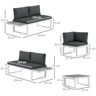 Outsunny 4 Pieces Patio Garden Set with 5-Level Recline Corner Sofa, Outdoor Garden Lounge Sectional Conversation Sofa Set with Cushions, Wood Grain Plastic Table, White  Frame Grey Cushion 