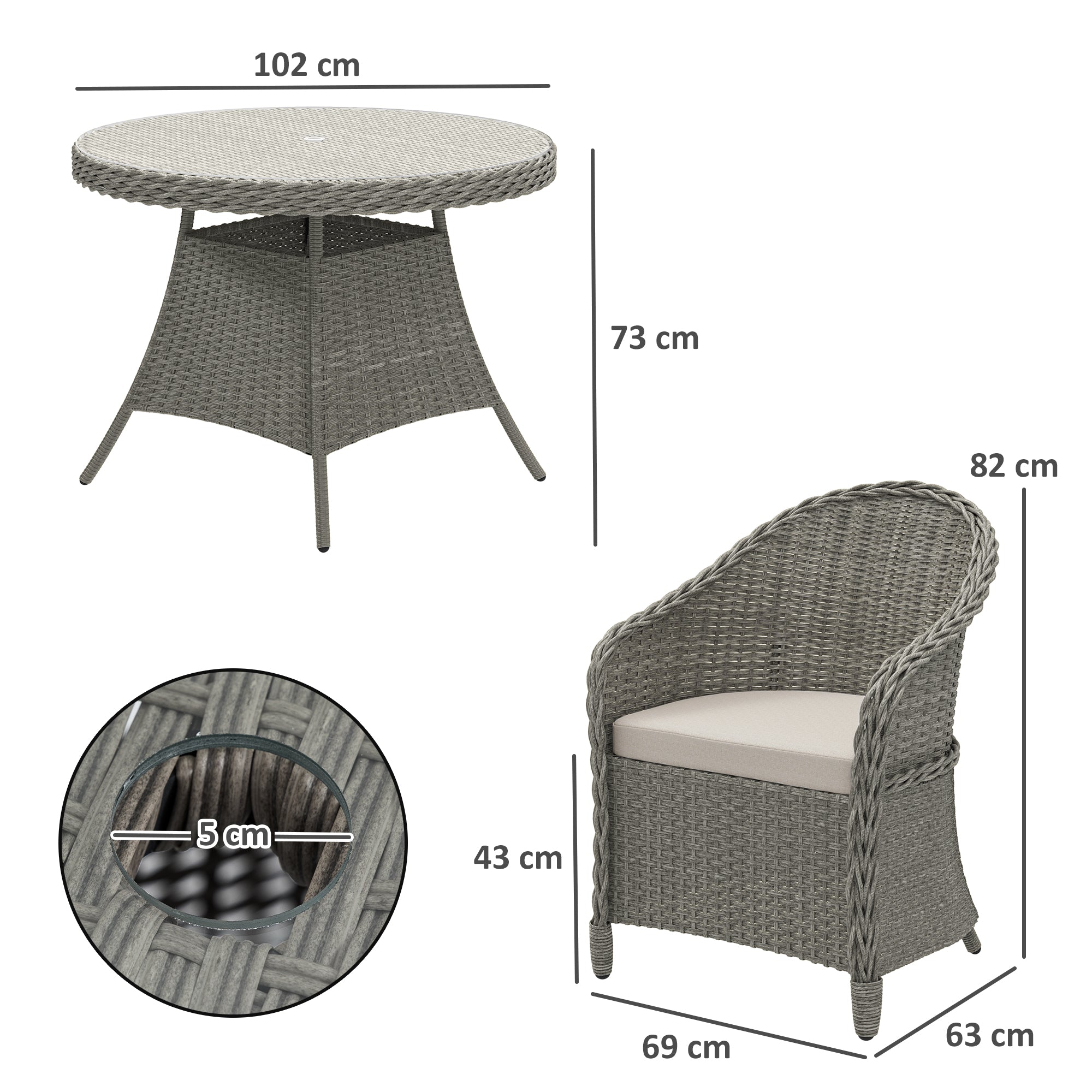 Outsunny 4 Seater Rattan Garden Furniture Set with Cushions, Round PE Rattan Dining Set with Glass-Top Table, Umbrella Hole, Outdoor Garden Table and Chairs, Grey 