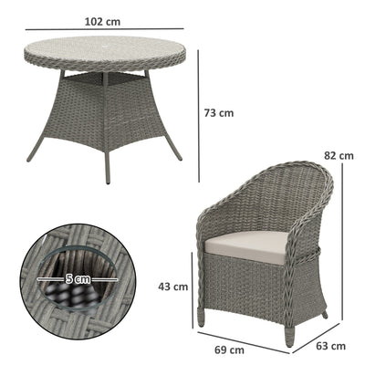 Outsunny 4 Seater Rattan Garden Furniture Set with Cushions, Round PE Rattan Dining Set with Glass-Top Table, Umbrella Hole, Outdoor Garden Table and Chairs, Grey 