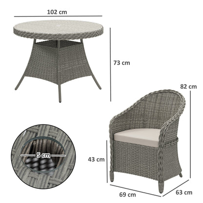 Outsunny 4 Seater Rattan Garden Furniture Set with Cushions, Round PE Rattan Dining Set with Glass-Top Table, Umbrella Hole, Outdoor Garden Table and Chairs, Grey 
