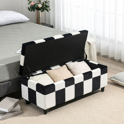HOMCOM 114 x 47 x 47cm Velvet Storage Ottoman, Button-tufted Footstool Box, Toy Chest with Lid for Living Room, Bedroom, White and Black 