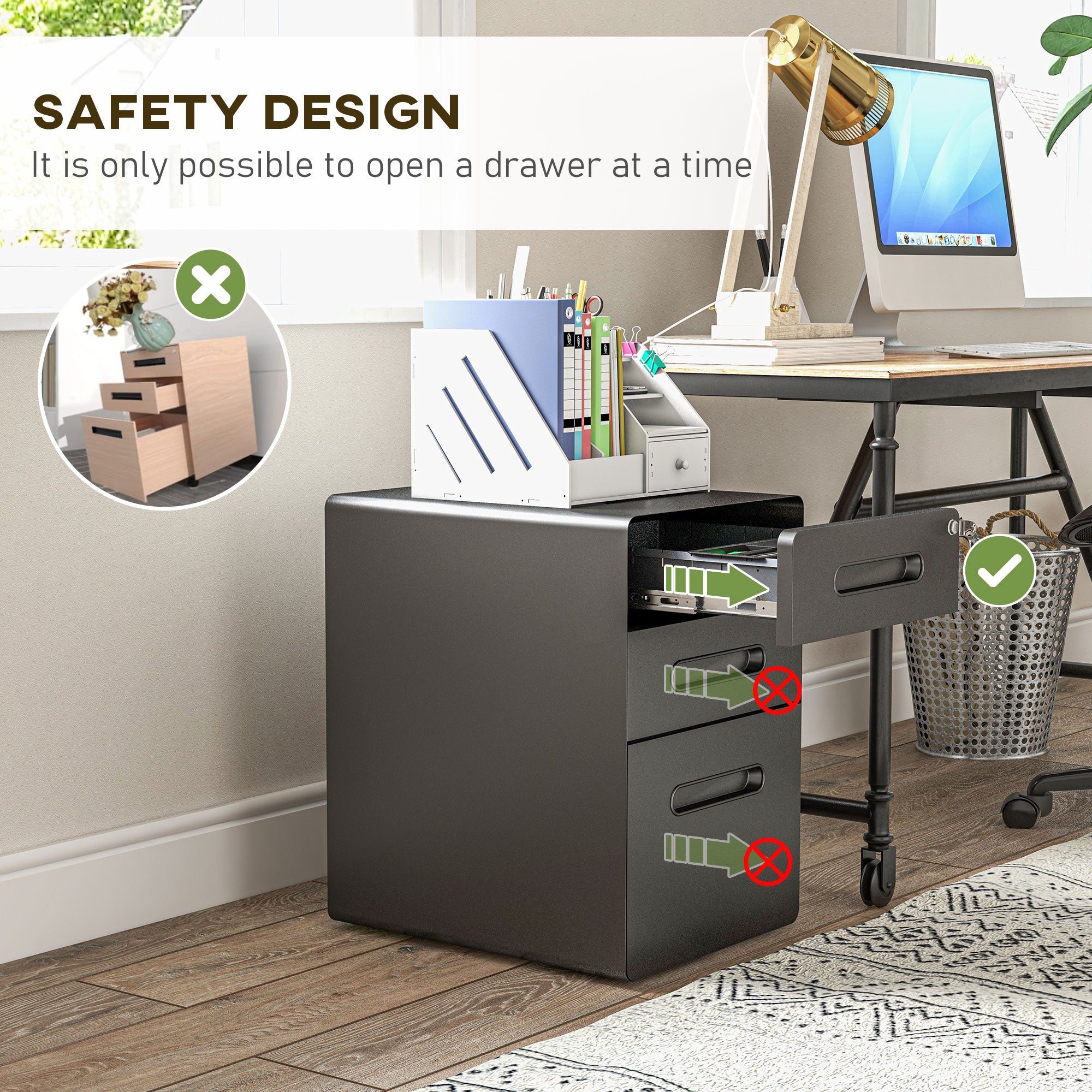 Vinsetto Lockable File Cabinet with 3 Drawers, Vertical Office Drawer for A4, Letter, Legal Size, Anti-tilt Design, Pre-Assembled Body, Black 
