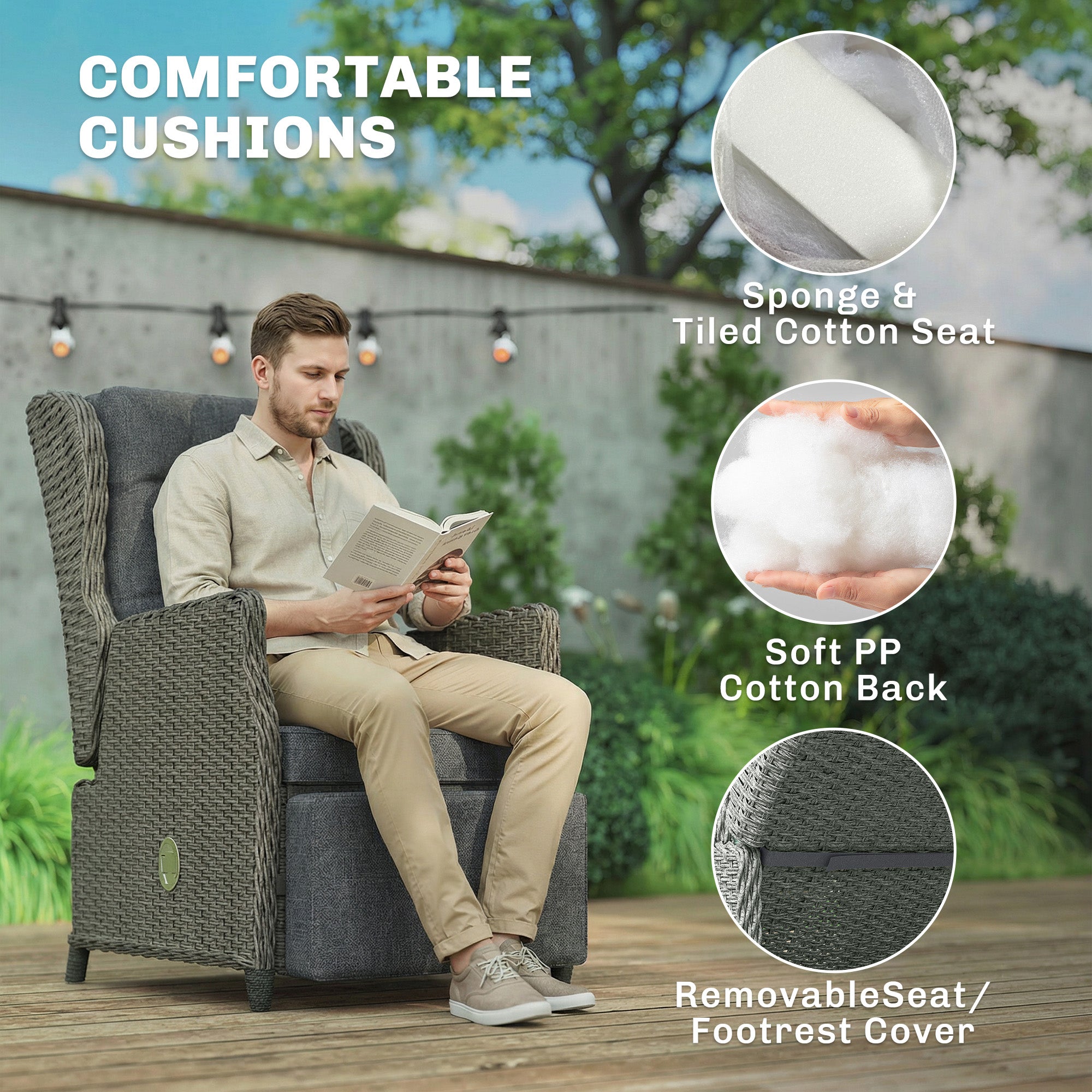 Outsunny Rattan Garden Recliner Chair, Reclining Garden Chair with Adjustable Back and Footrest, Flip Table, Cushion, Dark Grey 