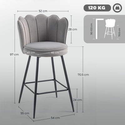 HOMCOM Set of Two Velvet-Feel Lotus Bar Stools - Grey 
