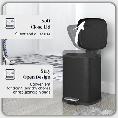 HOMCOM 12L Modern Boxy Metal Home Kitchen Bin - Black 