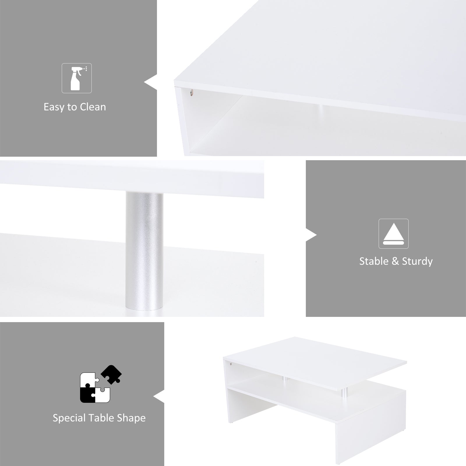 HOMCOM Coffee Table with Storage, 2-Tier Centre Table, Modern Living Room Table with Open Shelf and Aluminium Poles, White 